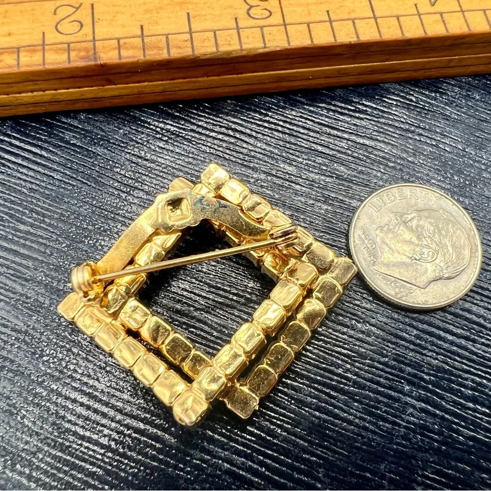Vintage gold geometric squares brown & gray rhinestones brooch pin